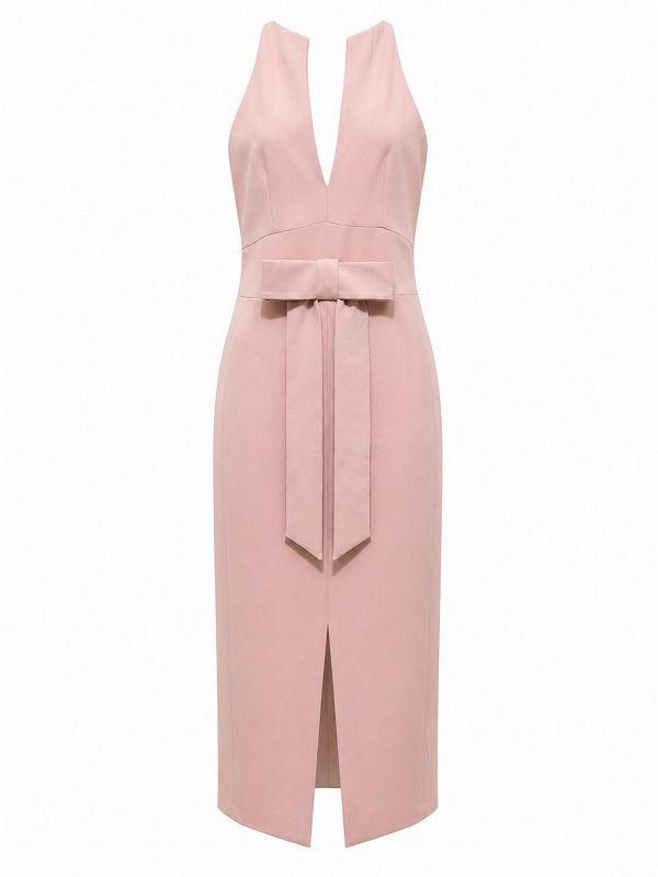 【新品DRESS 1638】フロントリボンミモレ丈タイトロングドレス ピンク【KAREN MILLEN】